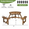 6-person Round Wooden Picnic Table with Umbrella Hole and 3 Built-in Benches